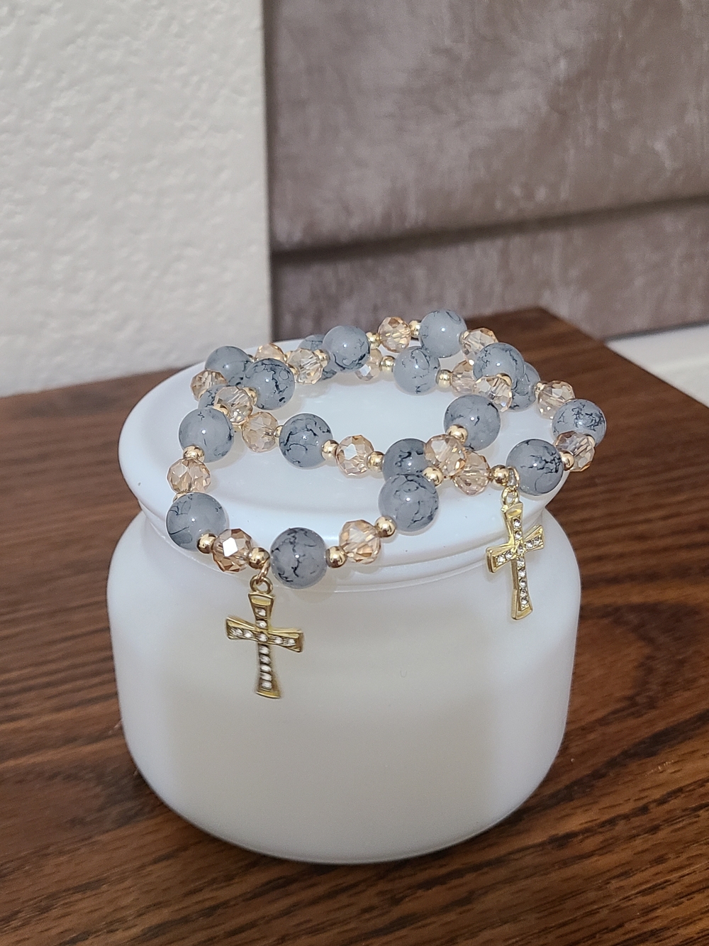 Glass Bracelets with Gray Marbling and accent Champagne Beads w/Gold Cross Charm